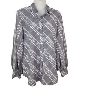 Chico’s Womens Shirt Size 0 US 4 Gray Plaid Poplin Billow Sleeve Button Up Top
